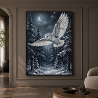 Majestic Barn Owl Snowy Forest Night Oil Painting Style Canvas Print Wall Art - Mockup Display 1