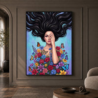 Vibrant Pop Art Woman with Flowers & Butterflies Canvas Print Wall Art Décor - Mockup Display 1