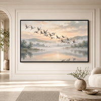 Serene Cranes Flying Oil Painting Style Canvas Print Wall Art for Tranquil Decor - Mockup Display 1