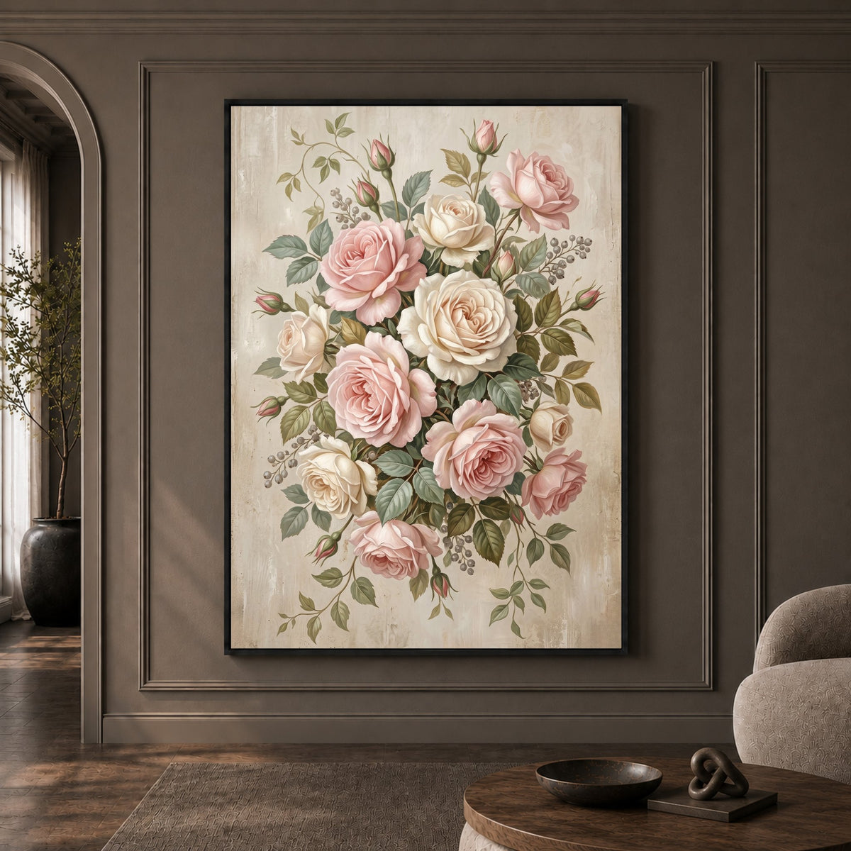 Romantic Pink Cream Roses Floral Oil Painting Style Canvas Print Wall Art Elegant Decor - Mockup Display 1
