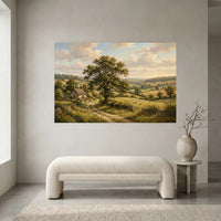 Countryside Landscape Stretched Canvas Wall Art, Cottage Meadow Print, Classic Living Room Decor