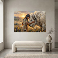 Native American Woman White Buffalo Oil Painting Style Canvas Print Wall Art Serene - Mockup Display 1