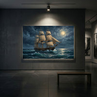 Dramatic Tall Ship Stormy Sea Moonlight Oil Painting Style Canvas Print Wall Art - Mockup Display 1