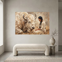 White Bison & Native American Woman Oil Painting Style Canvas Print Wall Art, Spirit - Mockup Display 1