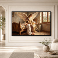 Guardian Angel & Child Praying Oil Painting Style Canvas Print Wall Art, Divine Grace - Mockup Display 1