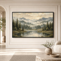 Misty Mountain Lake Landscape Oil Painting Style Canvas Print Wall Art, Rustic Decor - Mockup Display 1