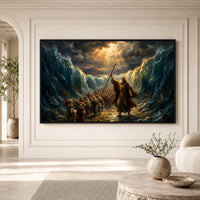 Moses Parting Red Sea Oil Painting Style Canvas Print Wall Art, Dramatic Biblical Scene - Mockup Display 1