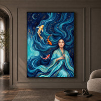 Mystical Asian Woman Koi Fish Oil Painting Style Canvas Print Wall Art, Elegant Decor - Mockup Display 1