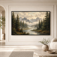 Serene Mountain Forest River Oil Painting Style Canvas Print Wall Art Décor - Mockup Display 1