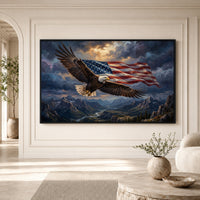 Majestic Bald Eagle American Flag Landscape Oil Painting Style Canvas Print - Mockup Display 1