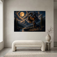 Rottweiler Dogs Moonlit Mountain Fantasy Art Style Canvas Print Wall Art, Dramatic - Mockup Display 1