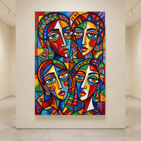 Colorful Abstract Faces Stretched Canvas Wall Art, Modern Geometric Portrait Print, Bold Room Decor