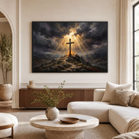 Dramatic Cross on Hill Oil Painting Style Canvas Print Wall Art, Spiritual Light - Mockup Display 1