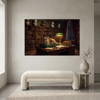 Tabby Cat in Scholarly Library Oil Painting Style Canvas Print Wall Art, Elegant Decor - Mockup Display 1