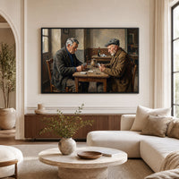 Elderly Men Playing Cards Oil Painting Style Canvas Print Wall Art, Tavern Scene Decor - Mockup Display 1