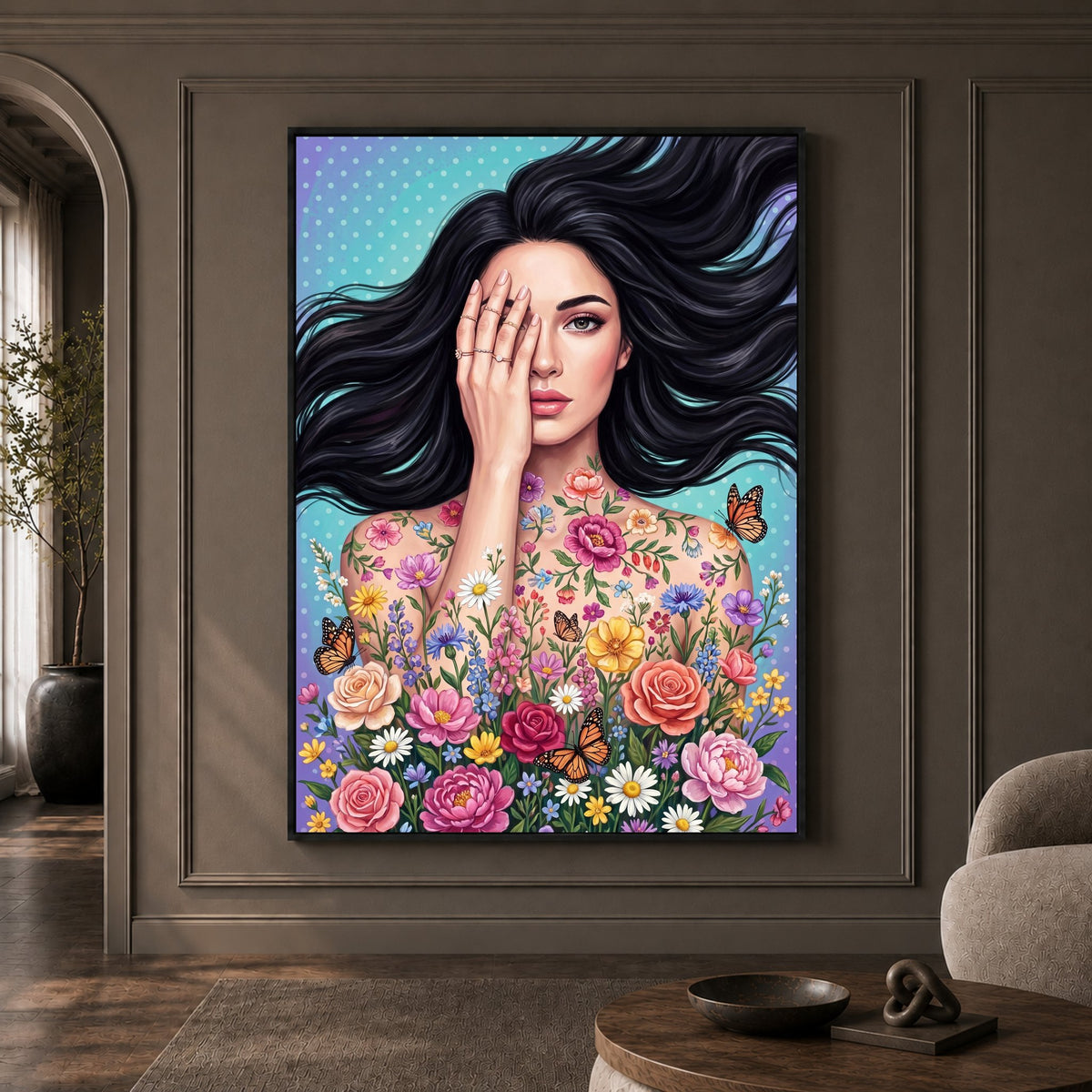 Vibrant Woman with Floral Butterflies Canvas Print Wall Art, Floral Beauty - Mockup Display 1