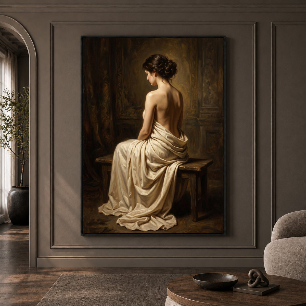 Classical Draped Woman Oil Painting Style Canvas Print Wall Art, Elegant Decor - Mockup Display 1