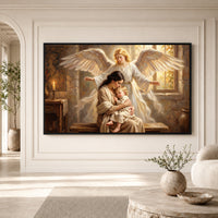 Guardian Angel Protecting Mother and Child Oil Painting Style Canvas Print Wall Art, Serene - Mockup Display 1