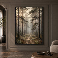 Misty Forest Path Oil Painting Style Canvas Print Wall Art, Nature Landscape - Mockup Display 1