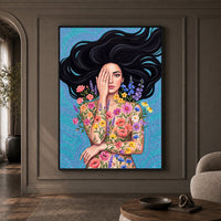 Enchanting Floral Woman Illustration Canvas Print Wall Art, Serene Beauty - Mockup Display 1