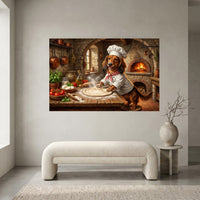 Dachshund Chef Making Pizza Oil Painting Style Canvas Print Wall Art for Kitchen - Mockup Display 1
