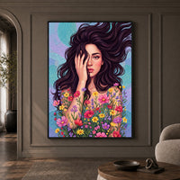 Dynamic Woman Floral Portrait Oil Painting Style Canvas Print Wall Art, Elegant - Mockup Display 1