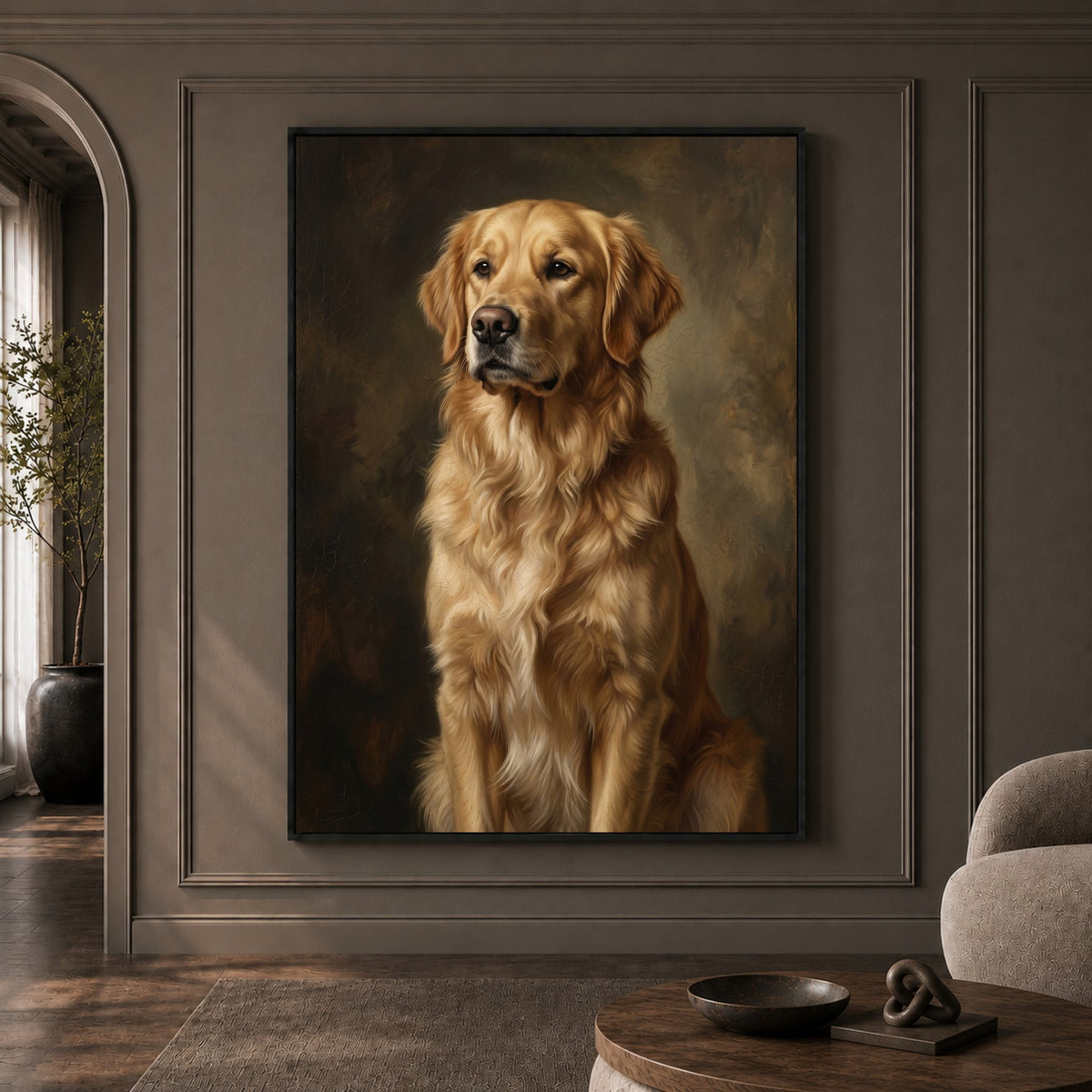 Golden Retriever Dog Portrait Oil Painting Style Canvas Print Wall Art, Elegant Decor - Mockup Display 1