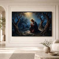 Jesus in Gethsemane Oil Painting Style Canvas Print Wall Art, Divine Light - Mockup Display 1