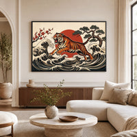 Dynamic Japanese Ukiyo-e Tiger Waves & Sun Canvas Print Wall Art, Zen Decor - Mockup Display 1