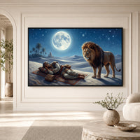 Desert Night Lion and Sleeping Man Oil Painting Style Canvas Print Wall Art - Mockup Display 1
