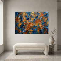 Bold Abstract Textured Palette Knife Canvas Print Wall Art, Blue Orange Gold - Mockup Display 1