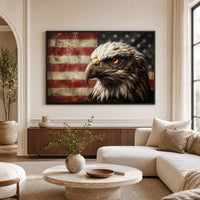 Regal Bald Eagle American Flag Oil Painting Style Canvas Print Wall Art, Rustic Decor - Mockup Display 1