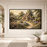 Charming English Cottage Garden Oil Painting Style Canvas Print Wall Art, Rustic Charm - Mockup Display 1