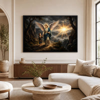 Divine Guardian Angel & Child Oil Painting Style Canvas Print Wall Art, Serene Landscape - Mockup Display 1