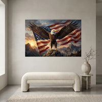 Bald Eagle Stretched Canvas Wall Art, American Flag Wildlife Print, Patriotic Statement Decor