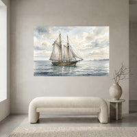 Watercolor Schooner Ship Seascape Canvas Print Wall Art Coastal Decor - Mockup Display 1