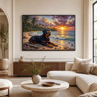 Rottweiler Dog Tropical Beach Sunset Oil Painting Style Canvas Print Wall Art Décor - Mockup Display 1