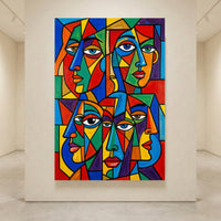 Geometric Faces Stretched Canvas Wall Art, Colorful Modern Portrait Print, Bold Living Room Decor