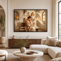 Religious Mother Child and Guardian Angel Oil Painting Style Canvas Print Wall Art - Mockup Display 1