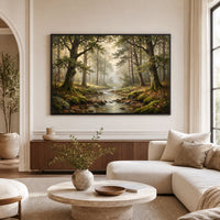 Serene Misty Forest Stream Realistic Canvas Print Wall Art, Nature Landscape Decor - Mockup Display 1