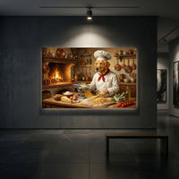 Golden Retriever Chef Making Pasta Oil Painting Style Canvas Print Wall Art, Italian Kitchen Decor - Mockup Display 1