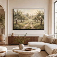 Misty Orchard Path Oil Painting Style Canvas Print Wall Art, Serene Landscape - Mockup Display 1