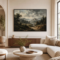 Misty Castle Landscape Oil Painting Style Canvas Print Wall Art, Majestic Scenery - Mockup Display 1