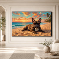 Cool French Bulldog Sunset Beach Oil Painting Style Canvas Print Wall Art for Dog Lovers - Mockup Display 1