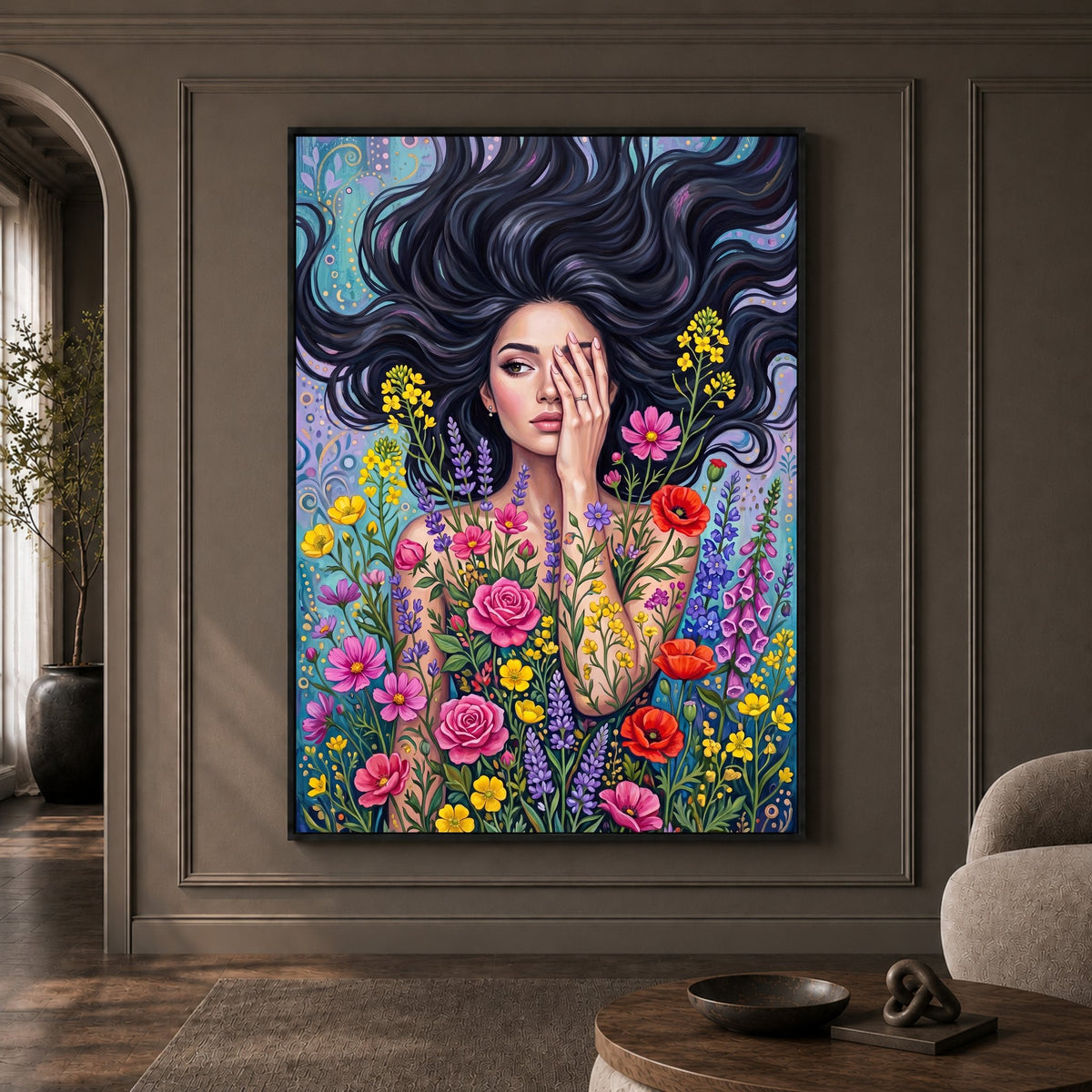 Mystic Woman Floral Canvas Print Wall Art with Flowing Hair, Vibrant Garden Style - Mockup Display 1