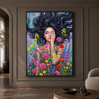 Mystic Woman Floral Canvas Print Wall Art with Flowing Hair, Vibrant Garden Style - Mockup Display 1