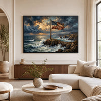 Dramatic American Flag on Rocky Coast Oil Painting Style Canvas Print Wall Art - Mockup Display 1