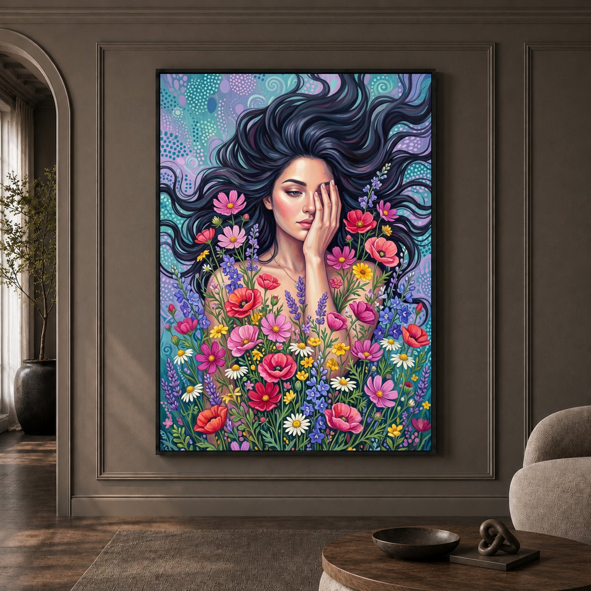 Woman in Wildflowers Oil Painting Style Canvas Print Wall Art with Vibrant Hues - Mockup Display 1