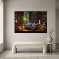 Peaceful Grey Cat Sleeping Library Oil Painting Style Canvas Print Wall Art for Study - Mockup Display 1