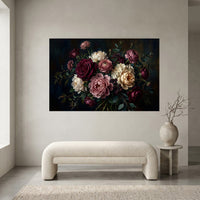 Dark Floral Bouquet Oil Painting Style Canvas Print Wall Art for Elegant Decor - Mockup Display 1